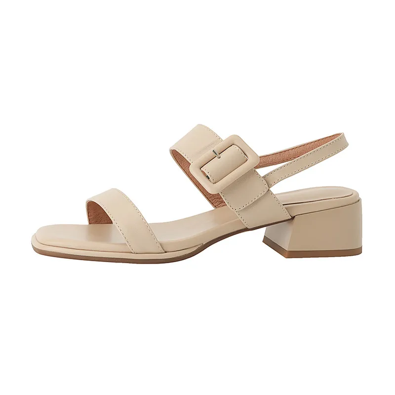 Genuine leather buckle sandals with thick heels