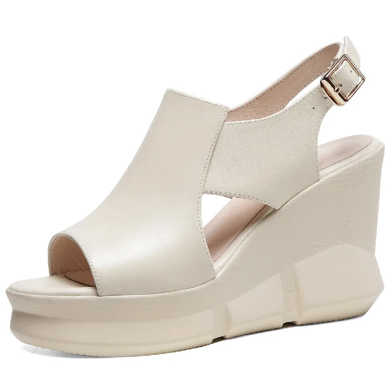 Peep toe platform wedge sandals in genuine leather