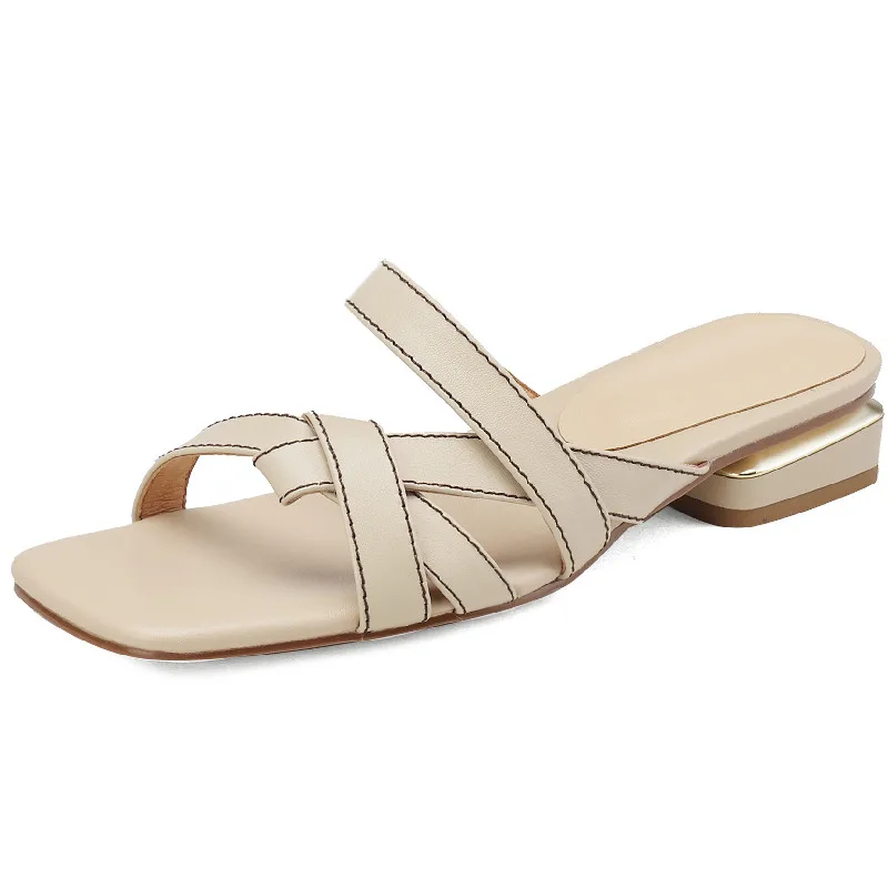 Genuine leather low heel sandals with narrow band
