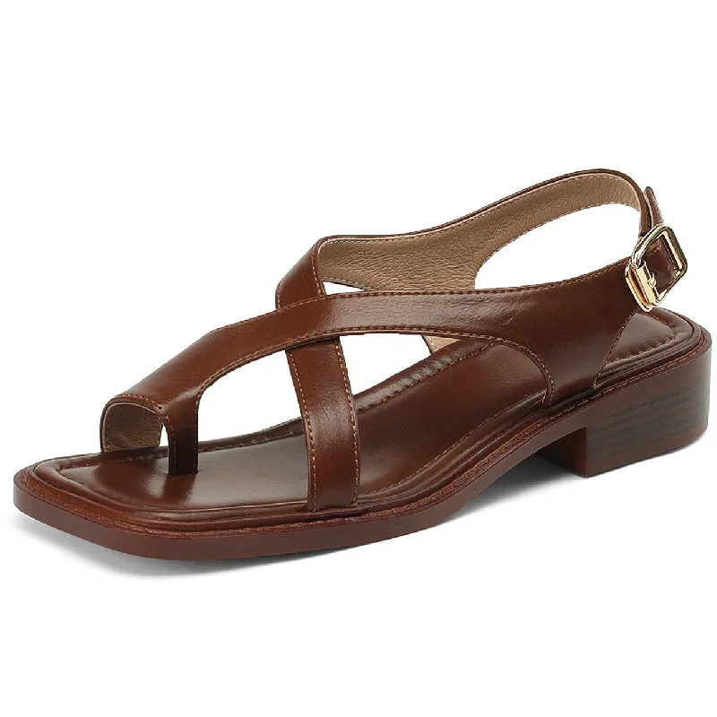 Genuine leather retro style thick heels sandals