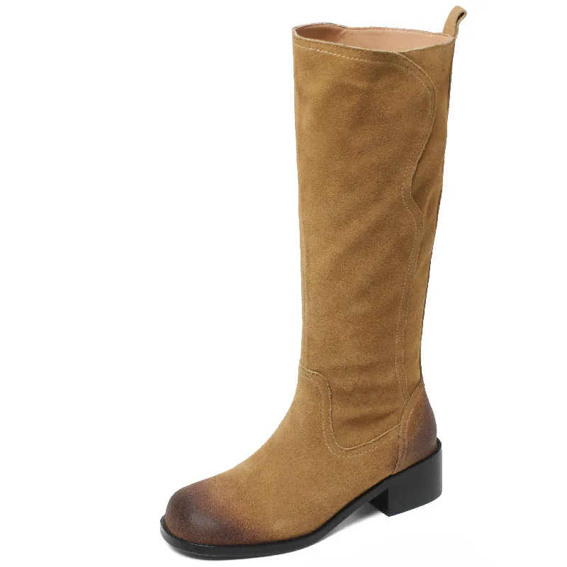 Knee high suede leather boots with thick heels