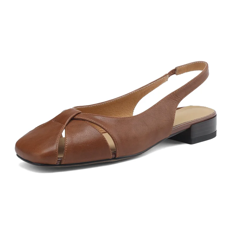Retro thick heels square toe slingback sandals in genuine leather