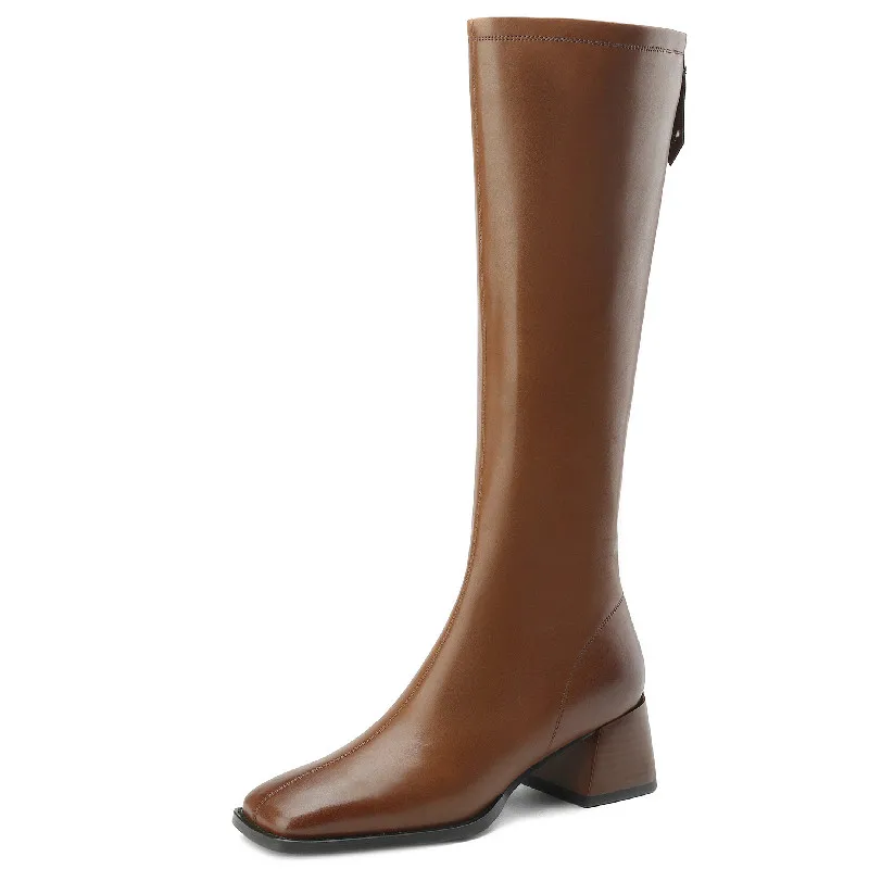 Knee high genuine leather boots with thick heels