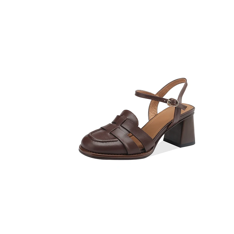 Retro genuine leather high heel sandals with buckle