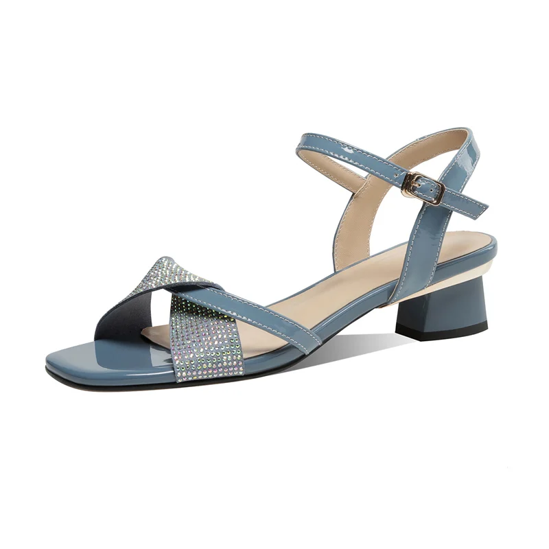 Ankle strap thick heels sandals with rhinestones