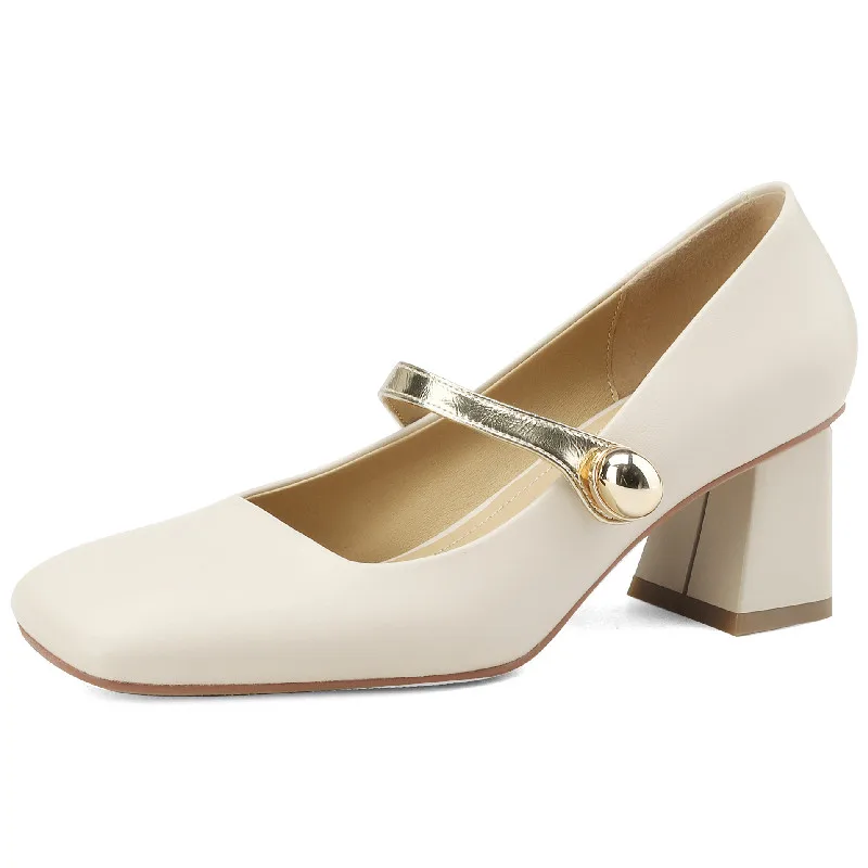Genuine leather vintage square toe high heels mary janes shoes