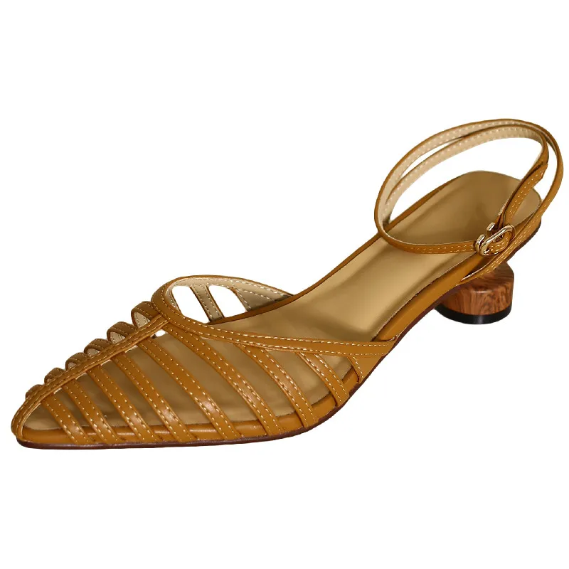 Pointed toe hollow leather ankle strap sandals