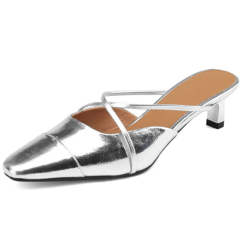 Genuine leather thin strap mules sandals