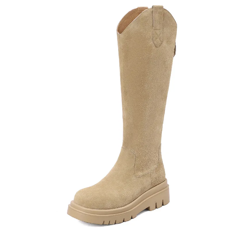 Knee high suede leather platform boots for office and casual wear