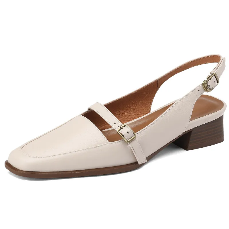 Genuine leather vintage square toe low heel slingback pumps