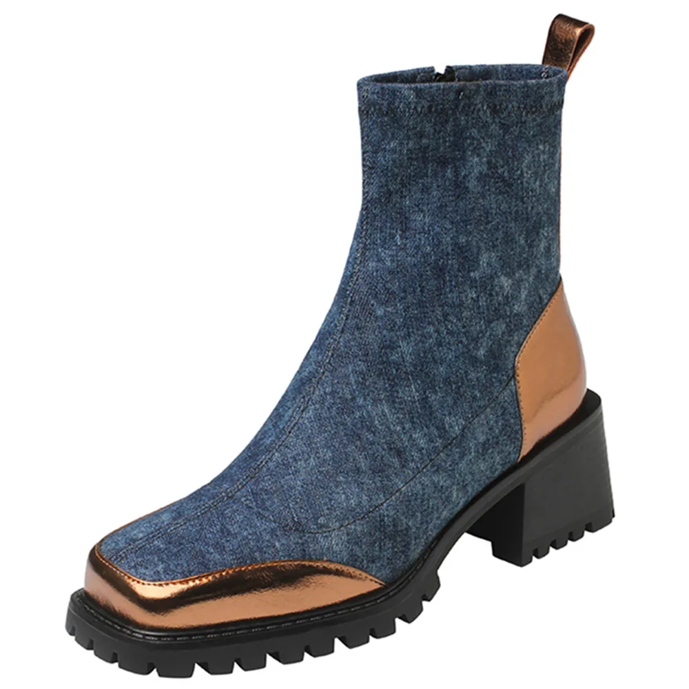 Leather and denim ankle boots with square toe and zipper closure