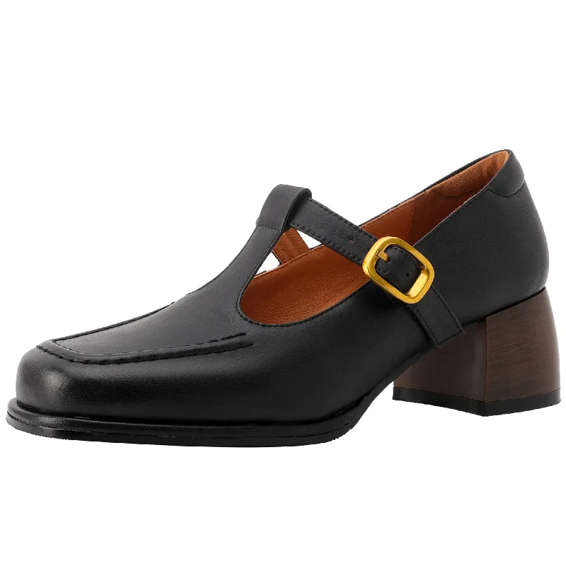 Retro t-strap buckle thick heels pumps in genuine leather