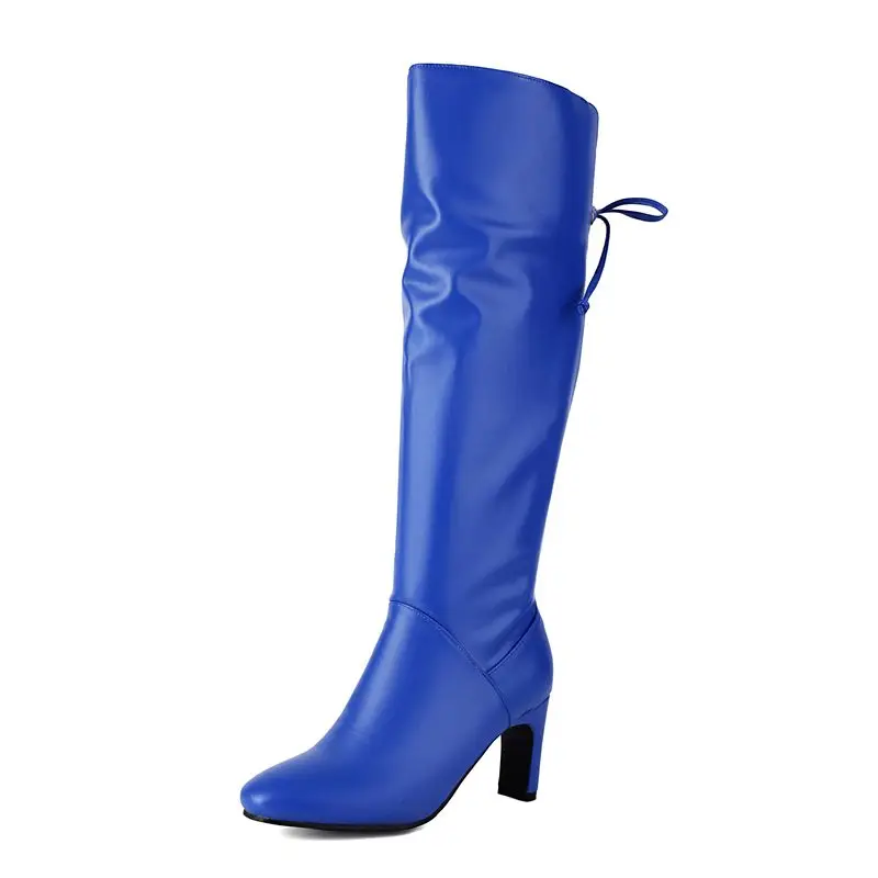 Knee high block heel lace up boots