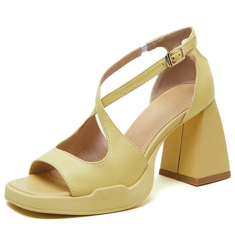 Sheepskin leather buckle high heels platform sandals