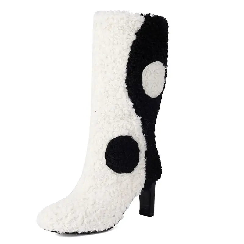 Winter warm plush high heel boots slip-on outdoor mid calf