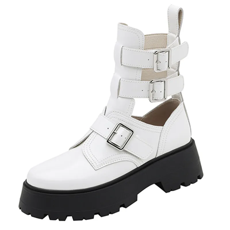 Patent leather mid calf buckle boots with square high heels