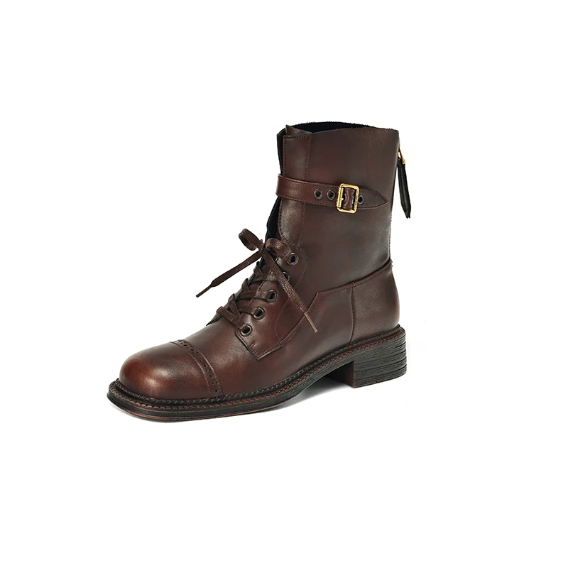 Leather ankle high heel motorcycle boots with zipper