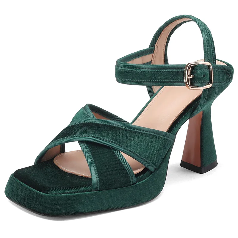 Elegant flock buckle platform sandals with thick heels