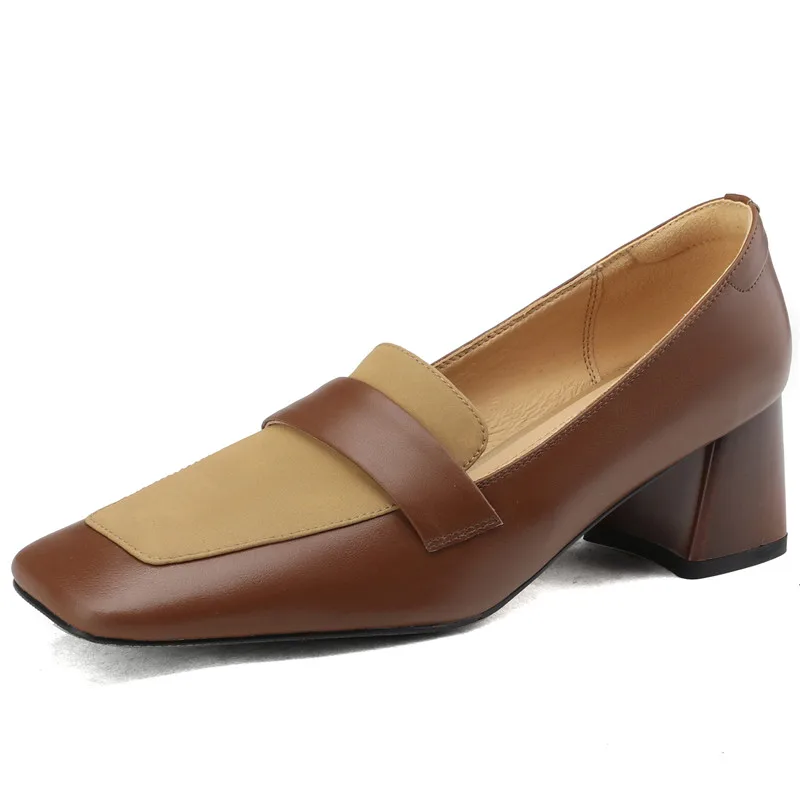 Mixed colors genuine leather slip-on pumps with square med heels