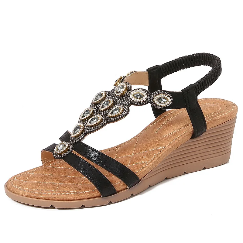 Bohemian wedge high heels sandals with crystal details