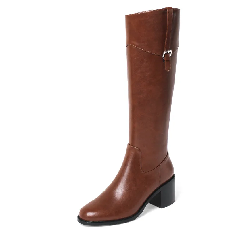 Knee high leather boots with thick heels and buckle