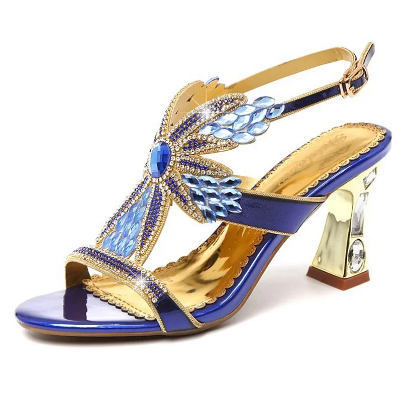 Genuine leather rhinestone high heel open-toe sandals