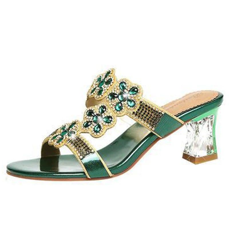 Rhinestone high heel leather sandals open toe summer shoes