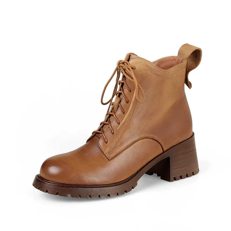 Genuine leather ankle boots with lace up and block heels