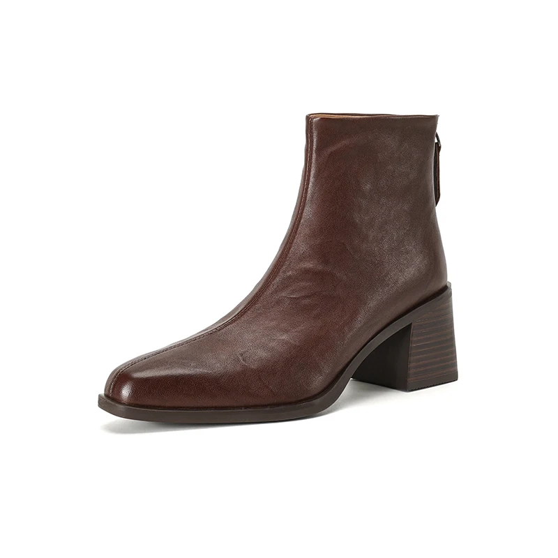 Genuine leather ankle boots with square toe and thick heels