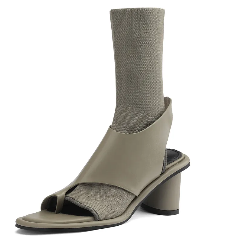 Genuine leather summer mid calf boots with zipper and thick heels