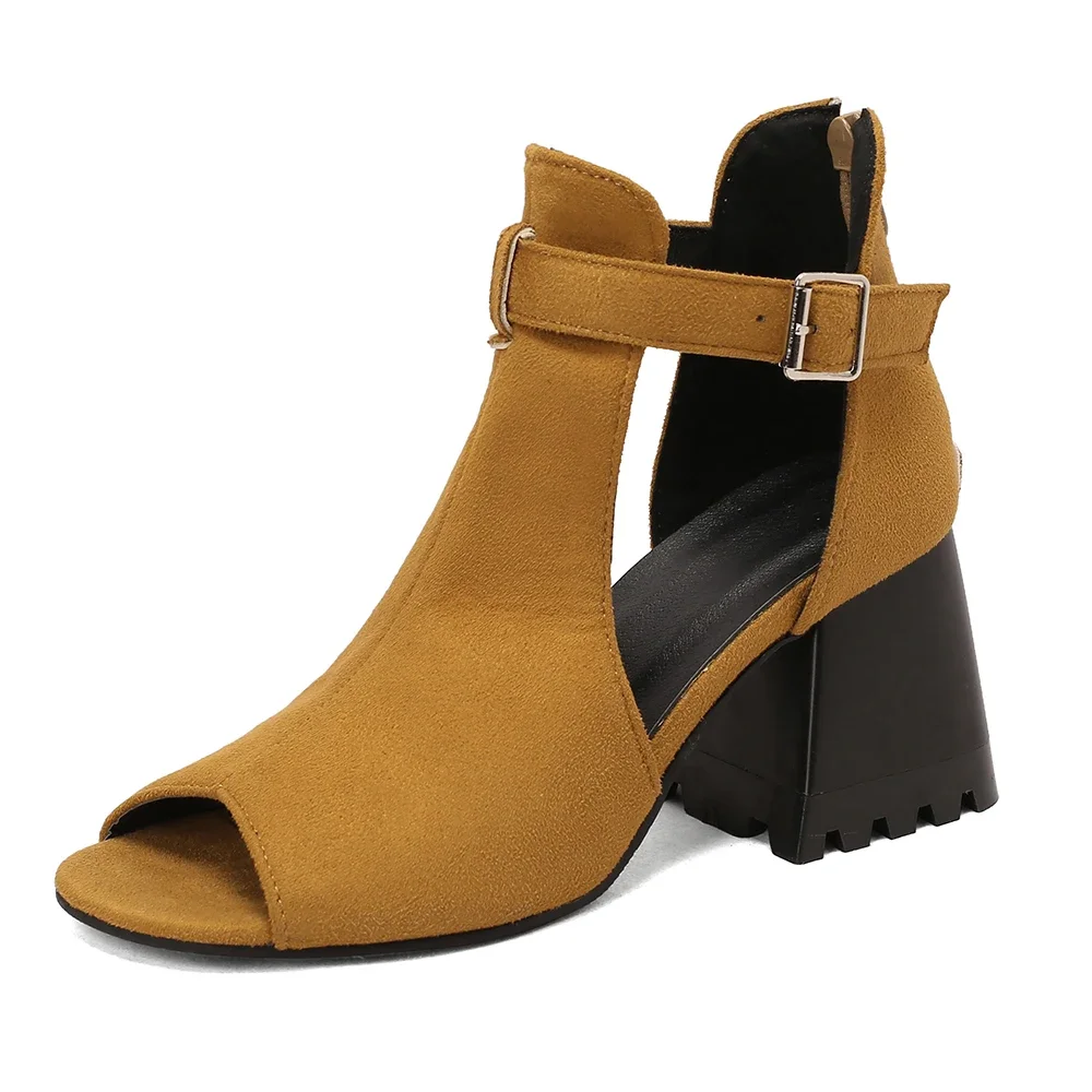 Open toe camel block heel ankle boots