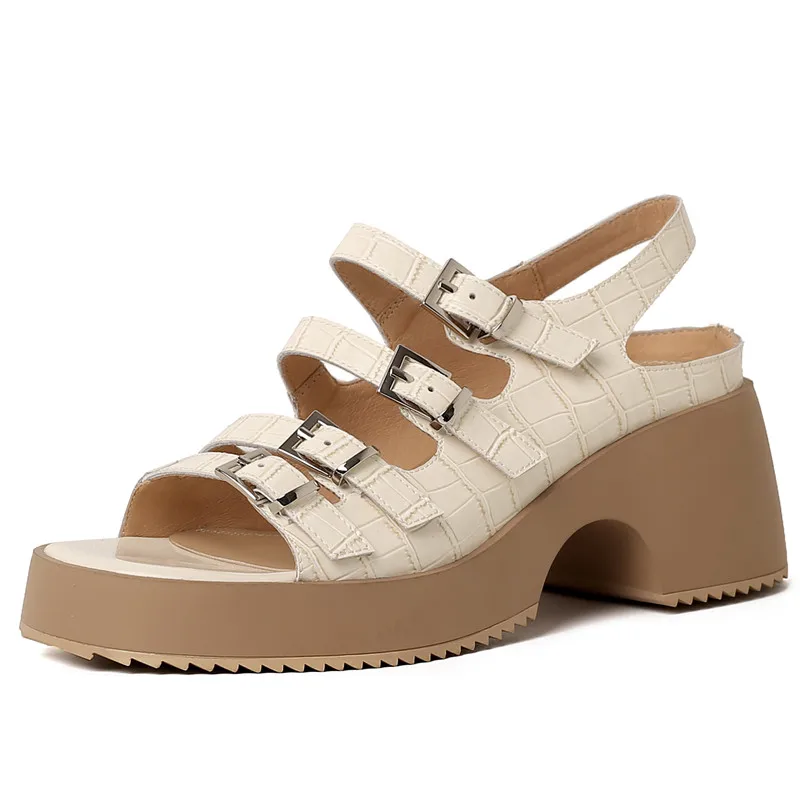 Genuine leather high heel platform sandals with buckle