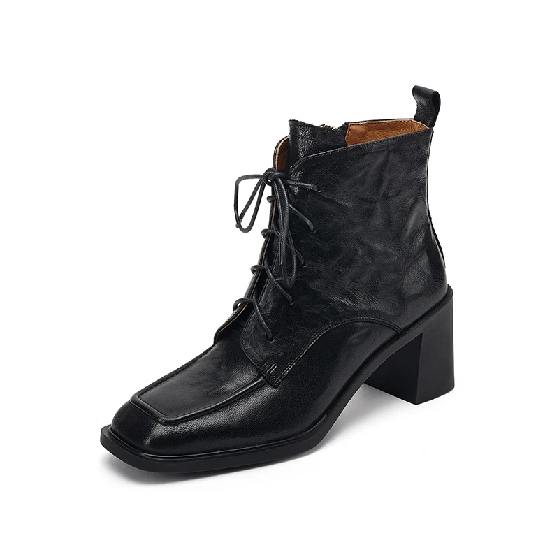 Genuine leather square toe chunky heels short boots