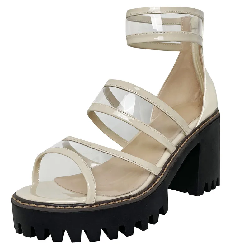 Transparent synthetic platform sandals with zipper and thick heels