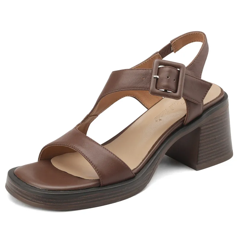 Genuine leather platform sandals with buckle and thick heels