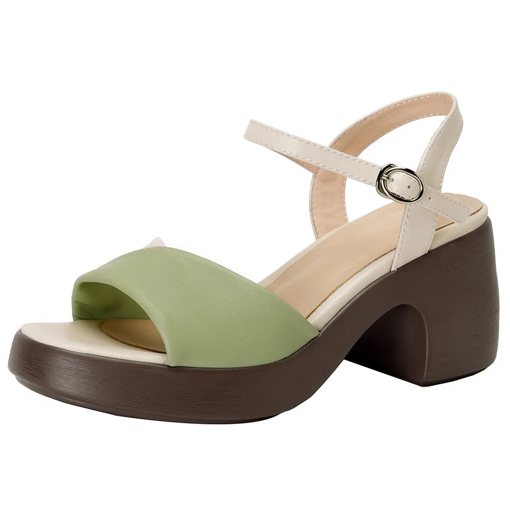 Mixed color genuine leather sandals with thick heels and non-slip sole