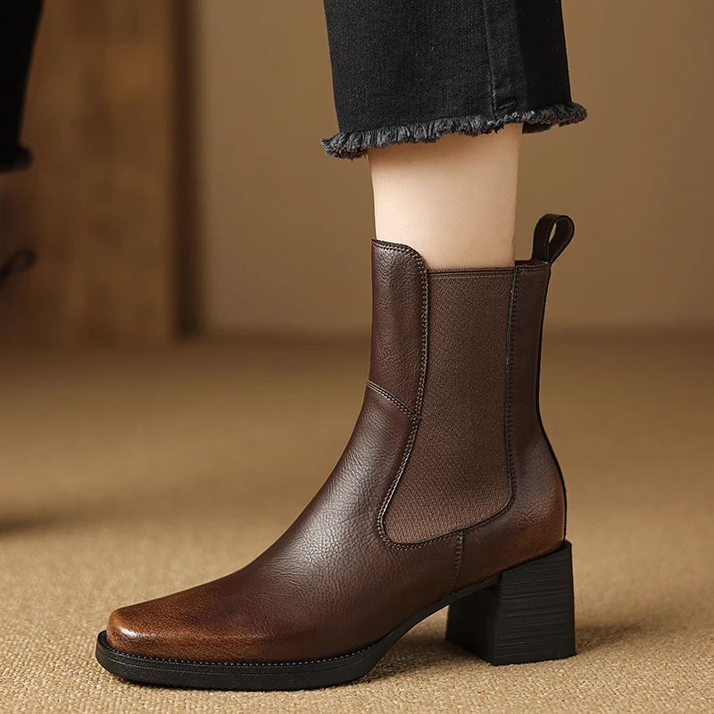 Split leather chunky high heel ankle boots with square toe