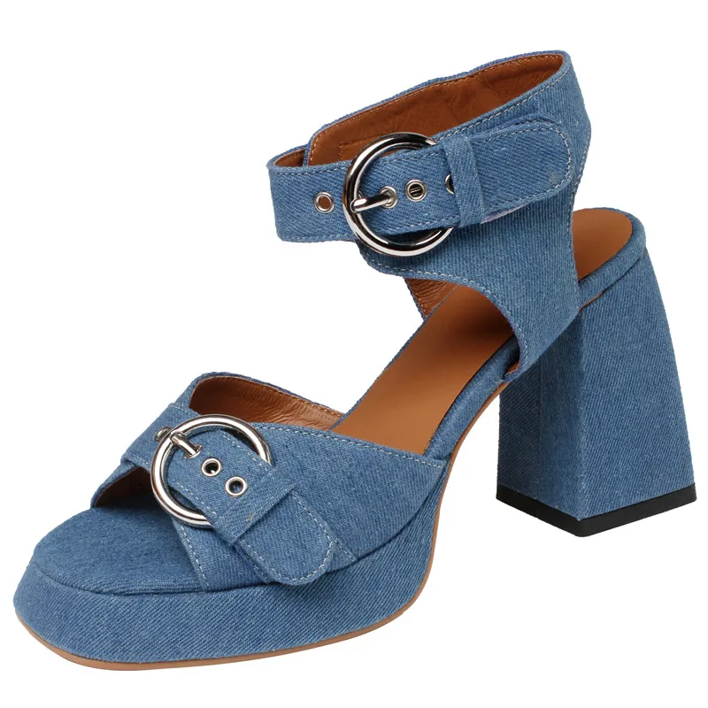 Denim buckle high heels platform sandals