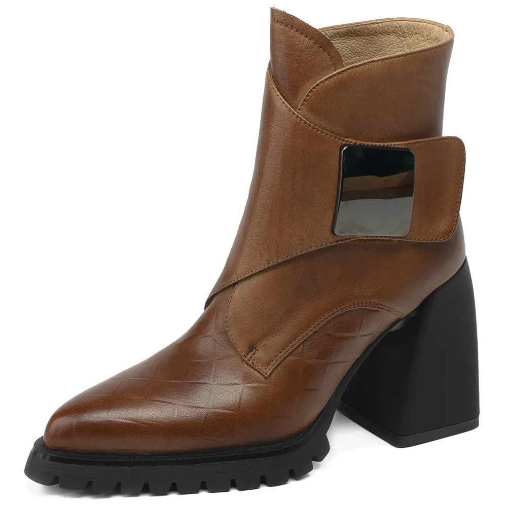 Pointed toe thick heels genuine leather ankle boots