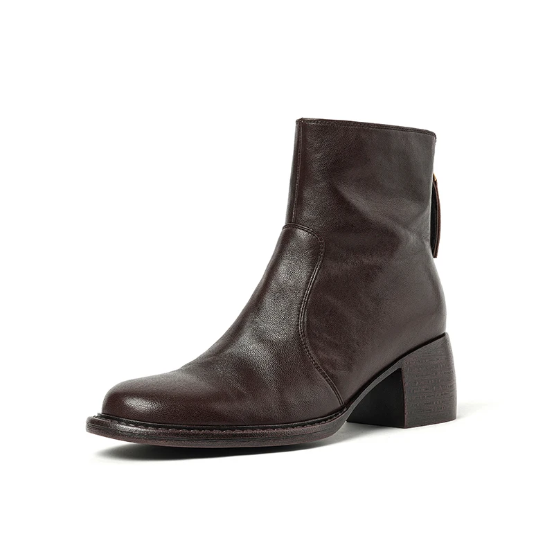 Genuine leather high heel round toe short boots