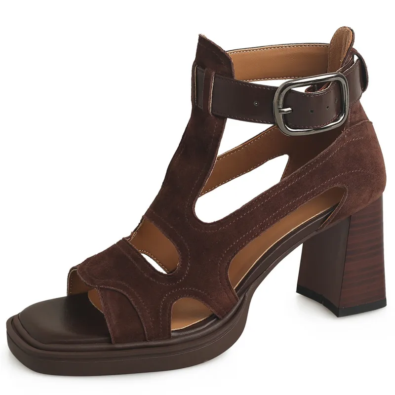 Retro suede zipper sandals with thick heels for summer