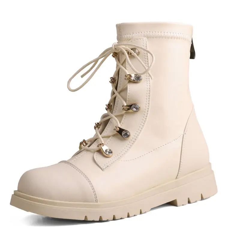 Shiny mid calf boots with thick heels and zipper closure