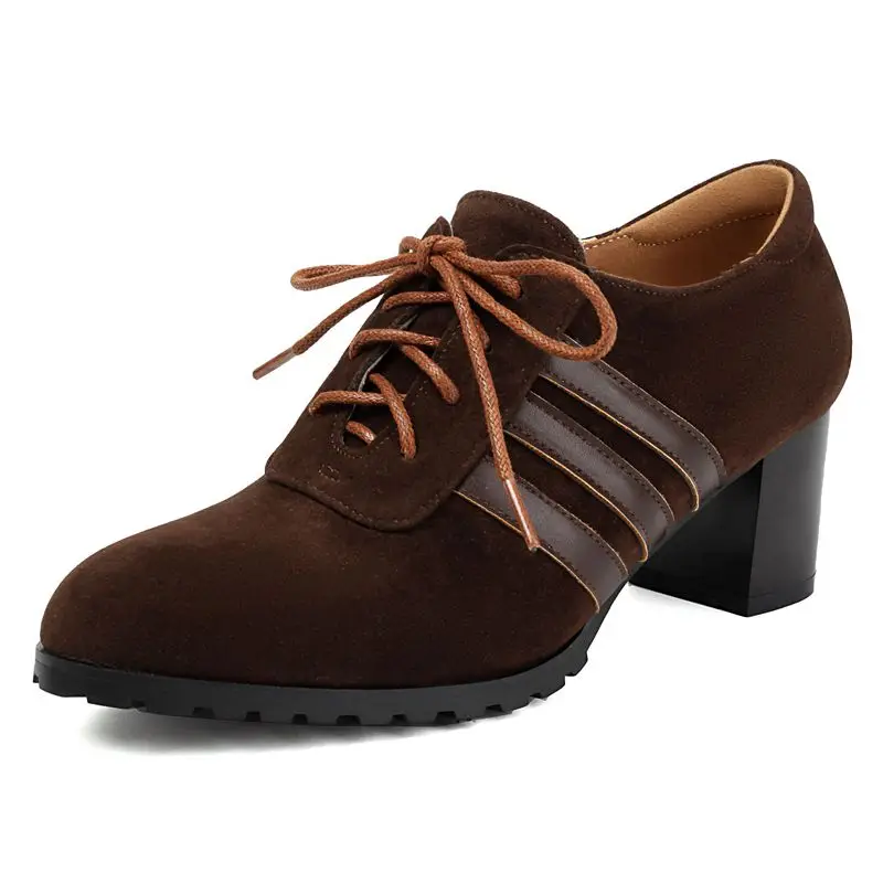 Vintage suede round toe lace-up chunky heels