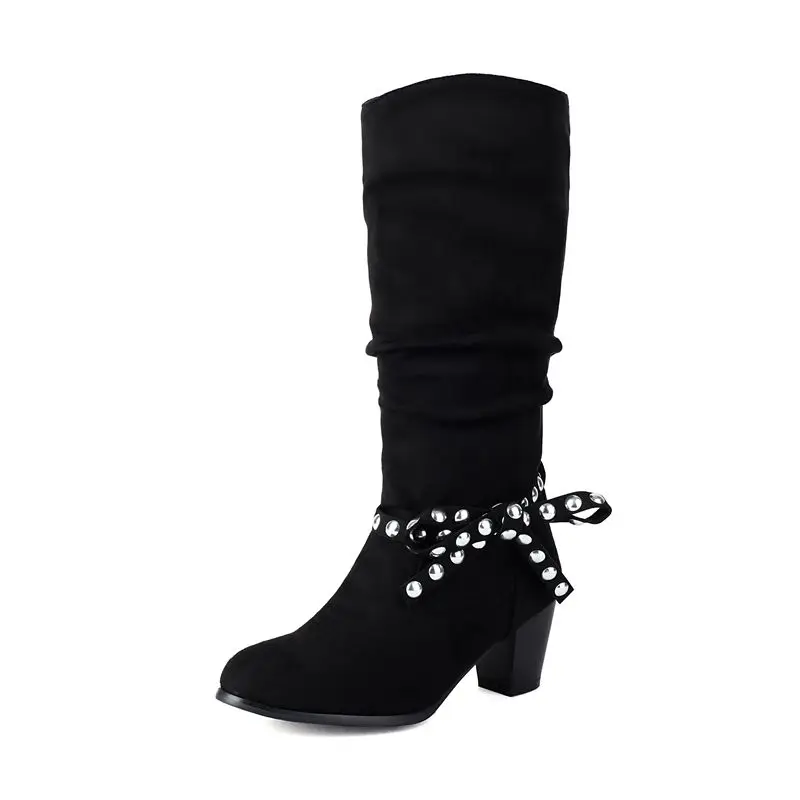 Mid calf suede boots with chunky heels and bowknot