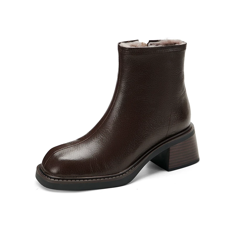 Genuine leather round toe high heel ankle boots with zipper