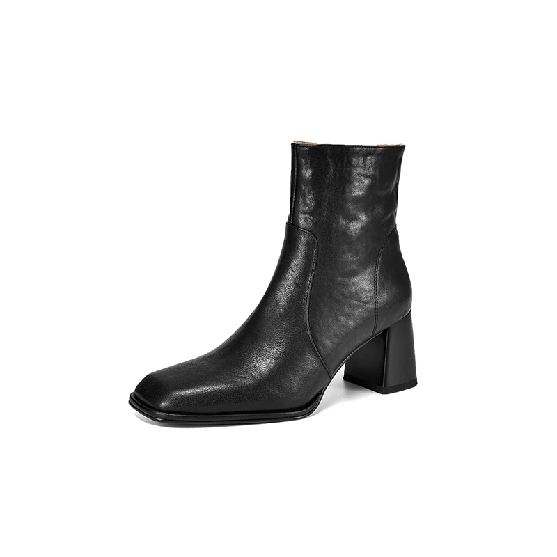 Genuine leather chunky heel ankle boots with side zip