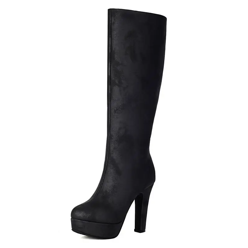 Knee high sexy block heel boots with platform and zipper