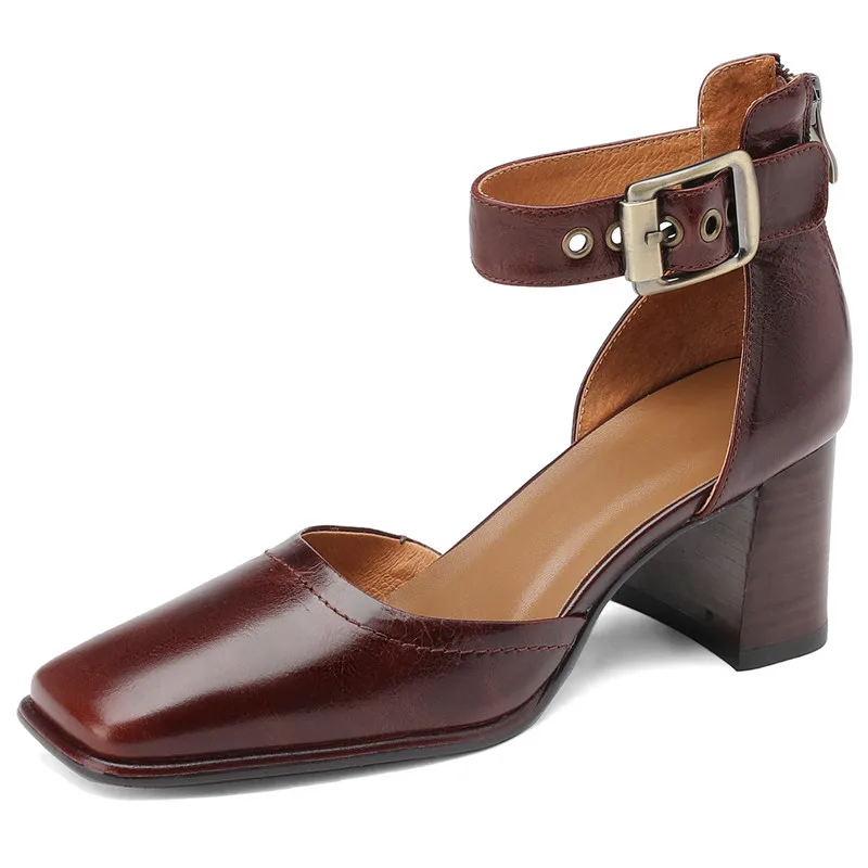 Vintage thick high heels sandals with square toe and zipper