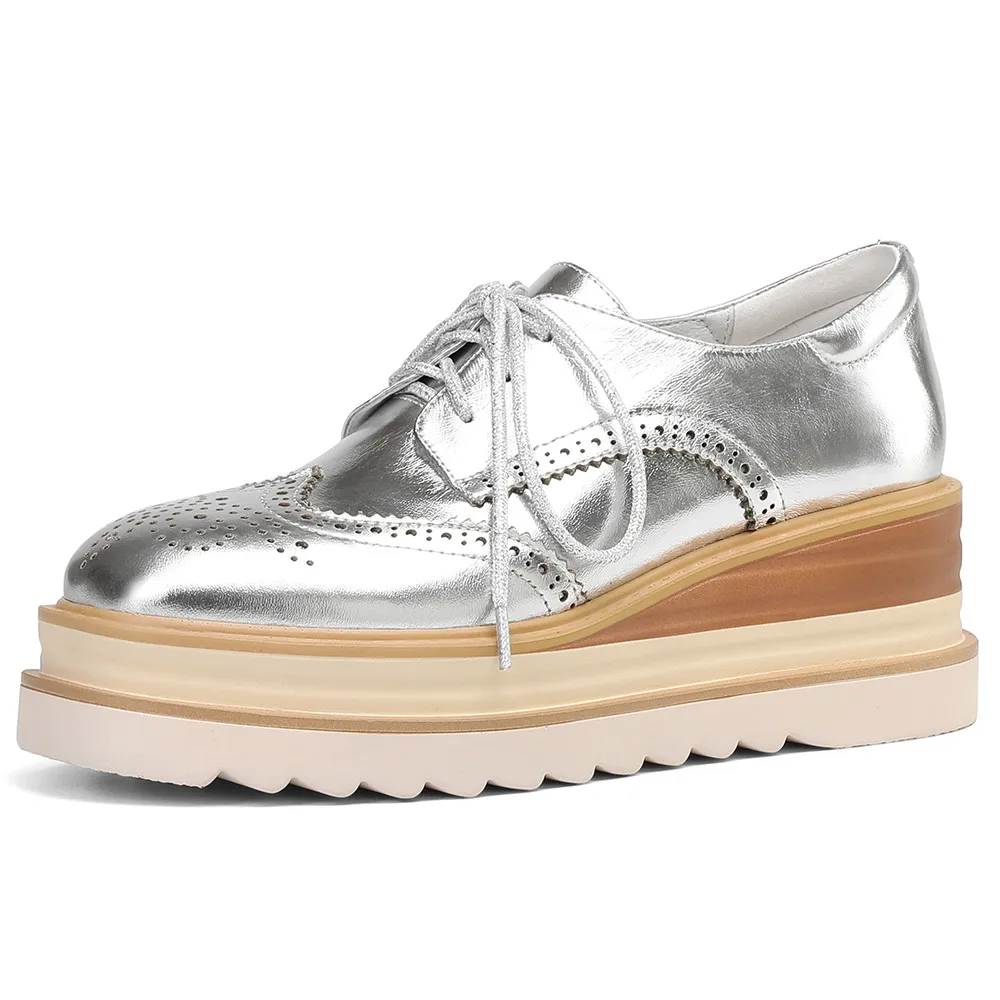 Metallic color full genuine leather sneakers round toe lace up non-slip wedges