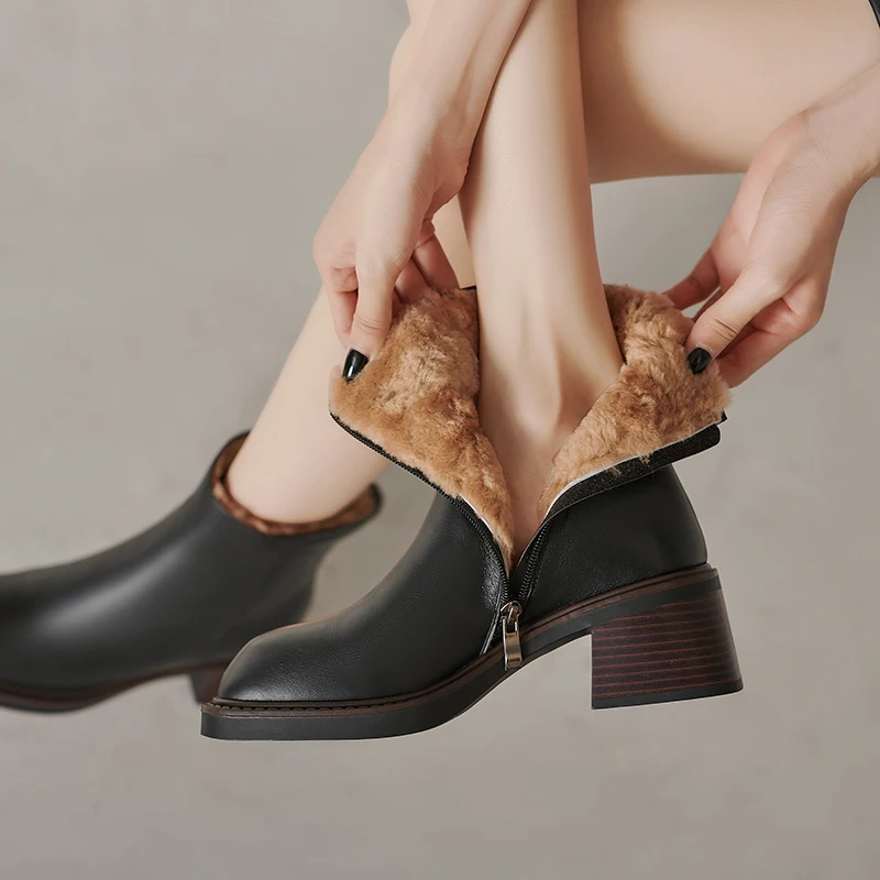 Warm wool fur ankle boots for women